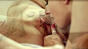 Kate England and Angel Small in lesbian cunilingus with shaved pussies