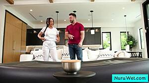 yo, watch this sexy brunette masseuse rub her big boobs on client