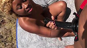 pornstar porsha carrera pulls out big strapon and dicks down nina rivera outside