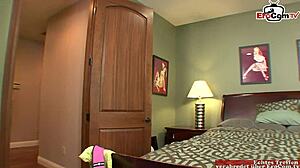 Skinny blonde teen with long legs and natural tits teases.