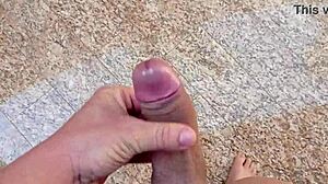 Brazilian amateur jerks huge cock for massive cumshot in garage