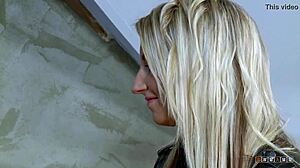 Petite blonde licks cum off after wild cowgirl sex.