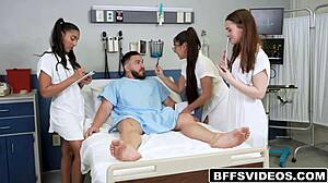 the babes suck his dick making sure to share and get his shaft far down their throats