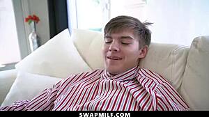 Busty milfs Penny Barber and Jessica Ryan catch stepson jerking off