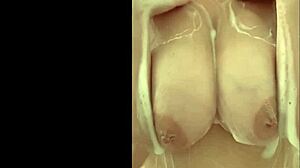 French Chubby Milf Secretly Caresses Huge Breasts in Shower