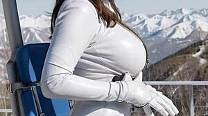 棕发美女穿着皮衣在滑雪场户外手淫