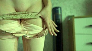 Female desperate to pee wets her jeans and panties.