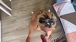 Busty blonde babe with brown eyes gets hard fucking from her friend.