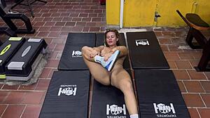 Blonde Colombian MILF Karen Sleent Guides Naked Workout with Wet Pussy POV at Gym
