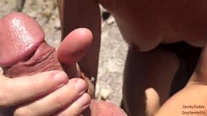 She sucks & swallows on a public hiking trail