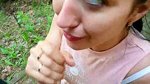 Risky public park blowjob turns into sloppy brunette mouthful quickie