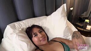 In the bedroom, the young aphrodisiacal babysitter Vanessa Vox gets licked and blown by Seth Brogan before getting dicked hard on the bed