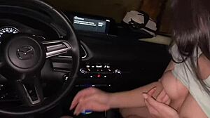 Teen sucks stranger's huge cock in public car on the road