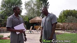 Cuckolding scene where the old ho gets facialized after interracial blowjob and femdom fingering