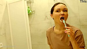 Kristina's Morning Shower with Sexy Brunette Milf Legs Barefoot in Bedroom