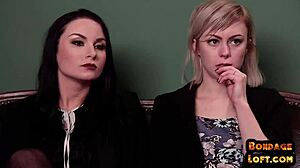 Bound babe dominated in threesome with deepthroat and facial