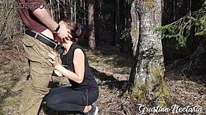 Skinny brunette's wild forest fuck and blowjob in doggystyle