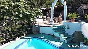 Tattooed latina with big silicone tits gets freaky by the pool