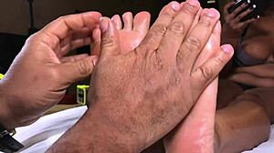 wanna see pretty feet giving awesome footjob on monster cock