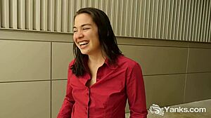 cute lilith plays with herself in the bathroom. her shaved body looks so smooth and tempting.