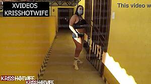 Kriss hotwife shows off her big ass in the hotel corridor for cuckold fetish public slut action.