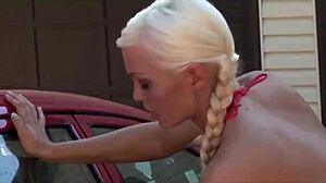 hey, check out this blonde babe giving a sloppy blowjob at the car wash, not her brother though