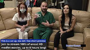 Dr. Tampa examines bratty orphan cheerleader Blaire Celeste in latex gloves.