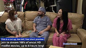 Dr. Tampa examines bratty orphan cheerleader Blaire Celeste in latex gloves.