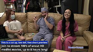 Dr. Tampa examines bratty orphan cheerleader Blaire Celeste in latex gloves.