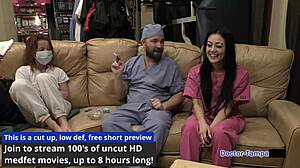 Dr. Tampa examines bratty orphan cheerleader Blaire Celeste in latex gloves.