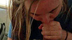 Blonde gags on hung stud explosion