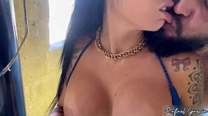 Cute Latina in lingerie rides hard at abandoned beach kiosk.