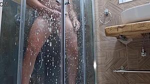 Horny and sexy in shower, jerking with moans and cumshot 😍