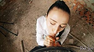 Long-haired teen 18+ gets facefucked hard in eerie abandoned building spot