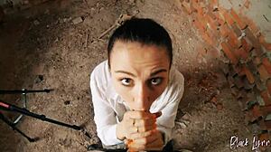 Long-haired teen 18+ gets facefucked hard in eerie abandoned building spot