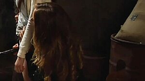 Bent over tied up submissive lesbian slave orgasms from strapon 😈