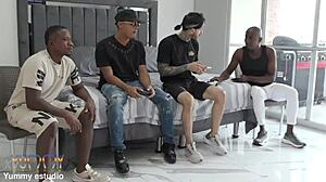 Madison stil cheats on her husband with some friends then gets caught so he joins the gang bang on an intense dp fuck to cum on her face