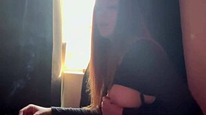 Artemisia Love's big tits bounce during dildo handjob while smoking cigarette