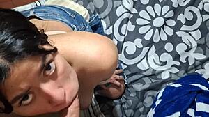 girlfriend teases with blowjob, begging for cum facial on her face