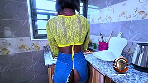 Ebony beauty smashes her curvy ass on big black cock in kitchen