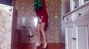 Hot diapered girl pees in tight sexy dress