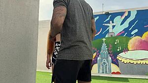 Muscular coach slams blonde student with big tits in outdoor workout.