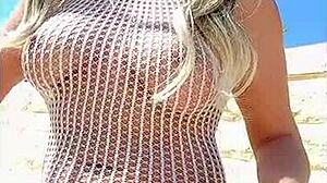 I wore a transparent dress without underwear, showing my big tits as a young exhibitionist