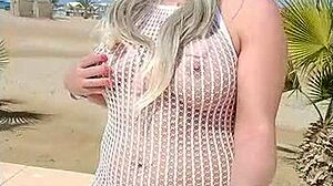 I wore a transparent dress without underwear, showing my big tits as a young exhibitionist
