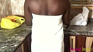 ebony girl tries boyfriend's monster cock in the kitchen for the first time, missionary and blowjob