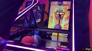 She challenged him to score 10 hoops for a wild creampie. Their quickie doggystyle ended with cum inside.