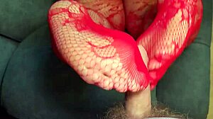 chubby wife in red stockings gives footjob to neighbor.