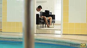 Victoria Daniels swims in huge pool and sucks mature phallus