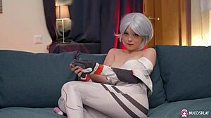 eva barbie plays with dildo naked on couch, reaching orgasm