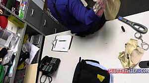 Shopkeeper turns teen shoplifter into submissive slut in office garage